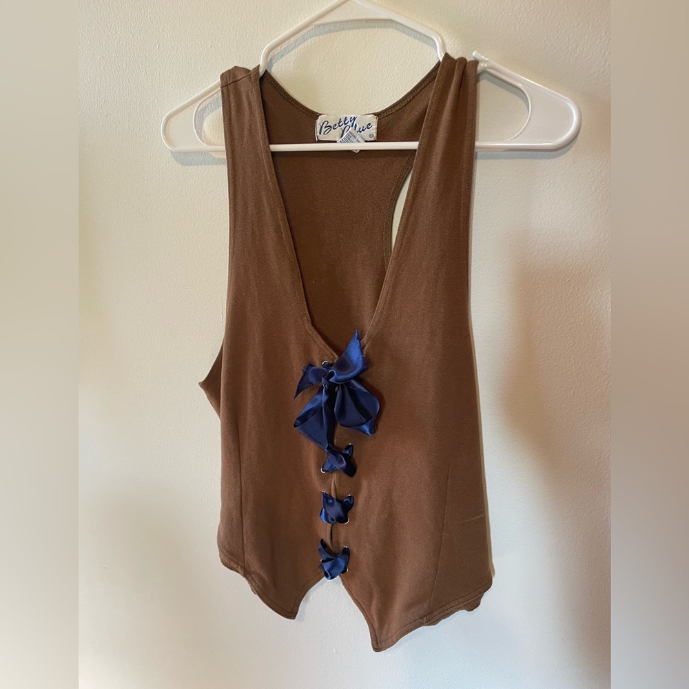 VINTAGE corset vest with ribbon up front, boho cottage core / size L XL